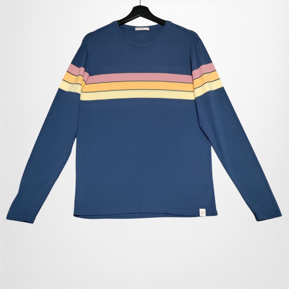 Marine Layer Mens Small Long Sleeve Tee Blue Rainbow Stripe Cotton Modal Blend